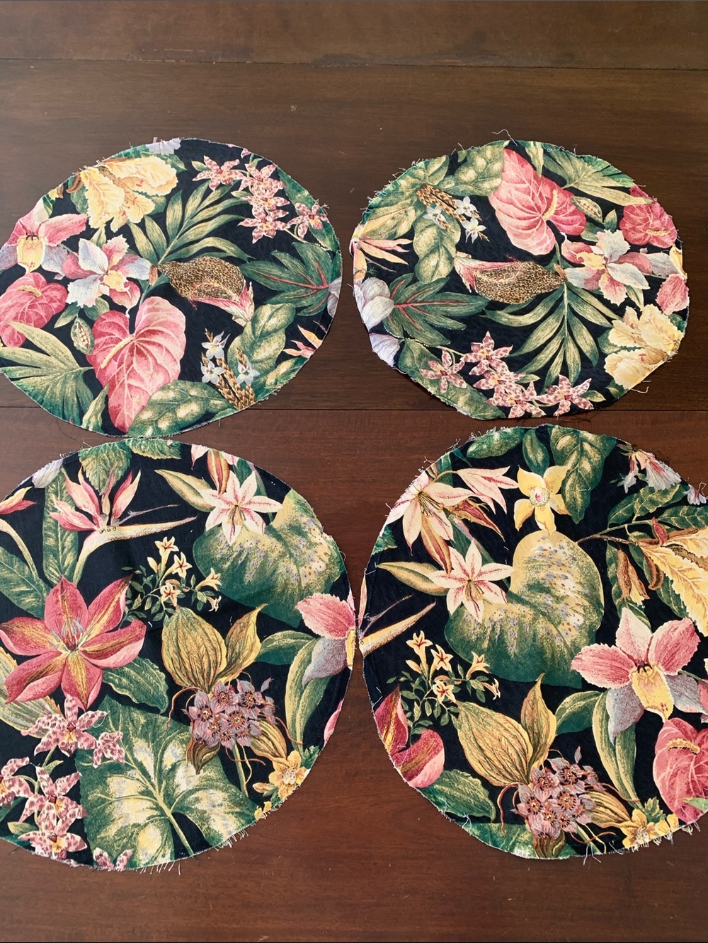 Floral Tropical Round Placemats – Black with Pink & Green- or make pillows 18”